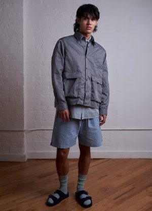 PHOTOGRAPHER JACKET IN GREY SILVER CRUSHED NYLON TWILL