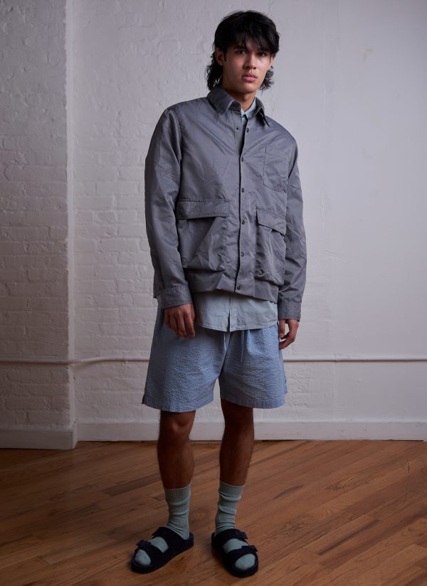 PHOTOGRAPHER JACKET IN GREY SILVER CRUSHED NYLON TWILL