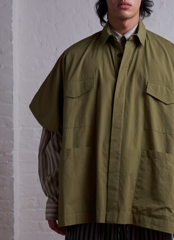 4 POCKET SHIRT PONCHO IN ARMY GREEN WASHED LINE DOBBY - Image 4