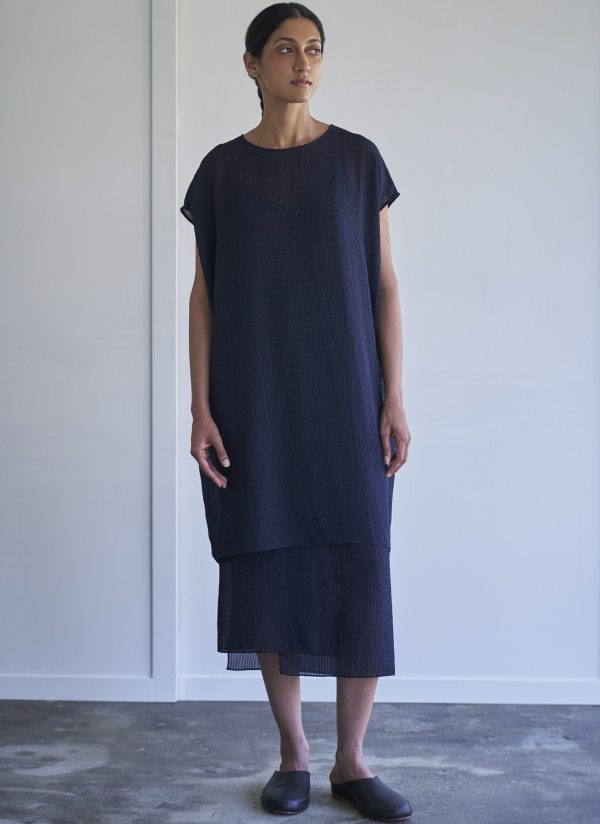 COLUMN-SLIP DRESS IN MIDNIGHT BLUE SHEER CRINKLE