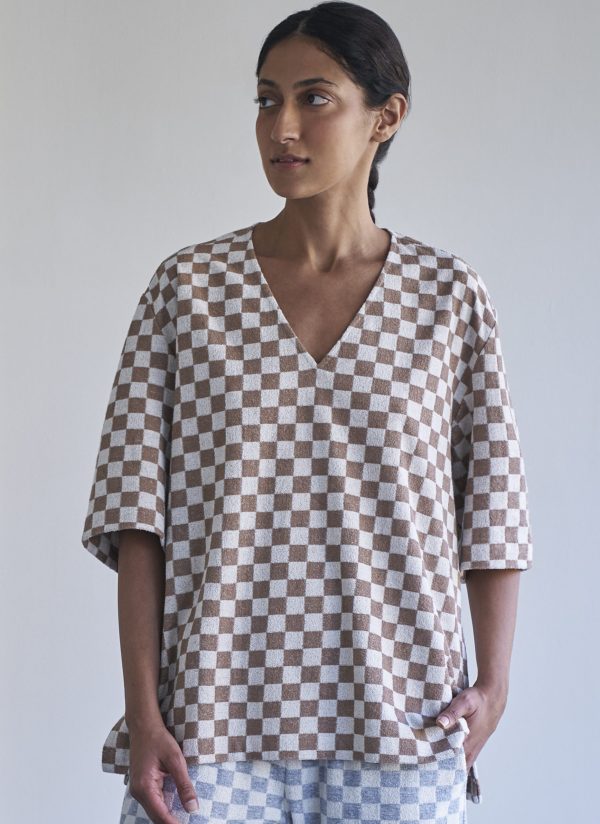 V-NECK EASY TOP IN DARK KHAKI CHECK TERRY