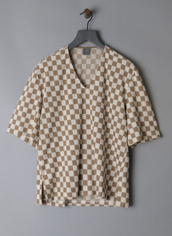 V-NECK EASY TOP IN DARK KHAKI CHECK TERRY - Image 2