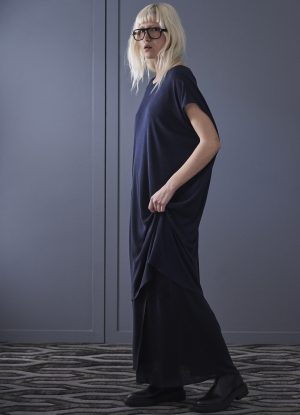 COLUMN-SLIP DRESS IN MIDNIGHT BLUE ULTRA FINE RIB KNIT