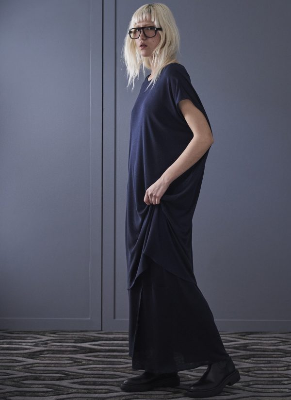 COLUMN-SLIP DRESS IN MIDNIGHT BLUE ULTRA FINE RIB KNIT