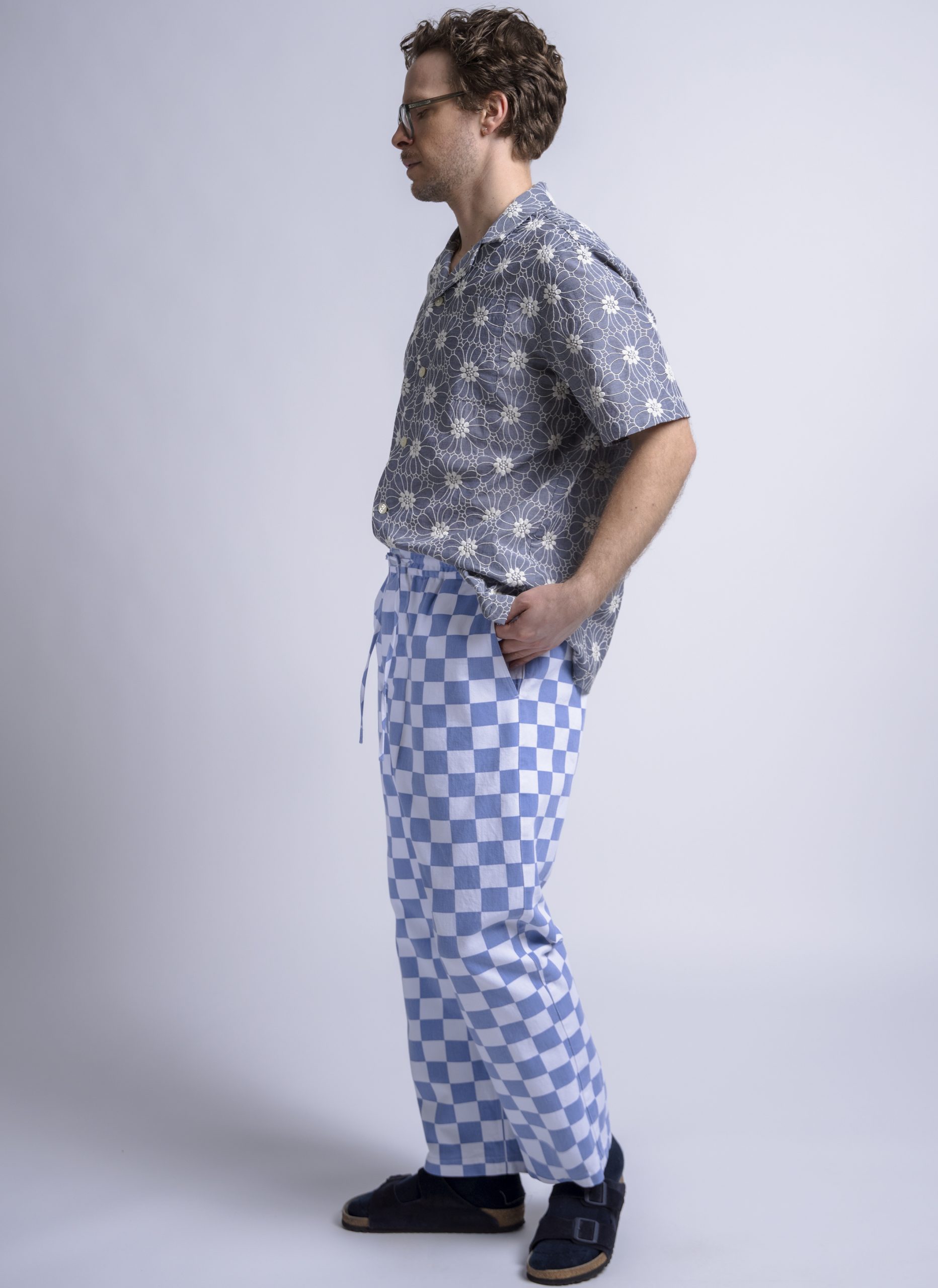 RELAXED GUSSET EASY PANT IN SKY & WHITE CHECK TWILL - GREI RELAXED GUSSET EASY PANT IN SKY & WHITE CHECK TWILL - GREI