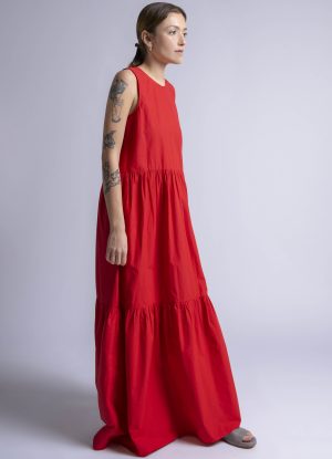 LEVEL DRESS IN CARMINE WASHED POPLIN
