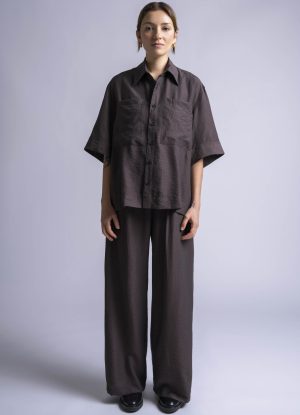 S/S MODERNIST SHIRT IN BROWN-OLIVE STRIPED DOBBY