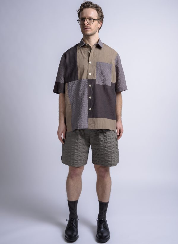 S/S PANEL BOX SHIRT IN KHAKI PATCHWORK