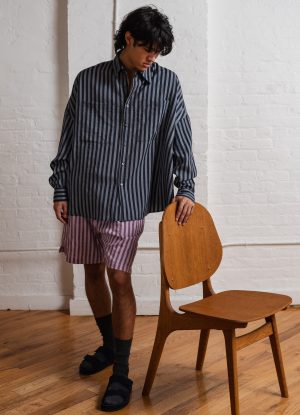 OVERSIZED IO SHIRT IN BLUE MIX WIDE RIPPLE STRIPE