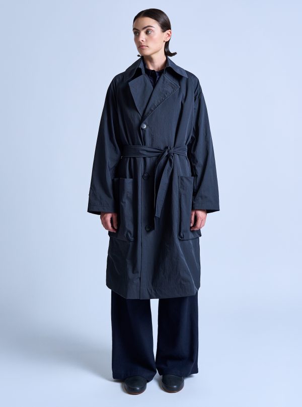 PEAKED LAPEL TRENCH COAT IN CHARCOAL NYLON TWILL