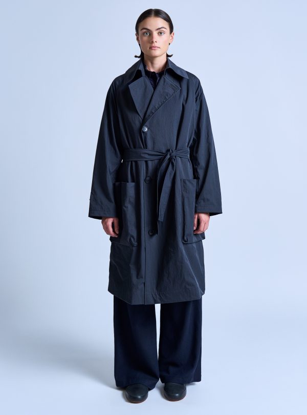 PEAKED LAPEL TRENCH COAT IN CHARCOAL NYLON TWILL - Image 12