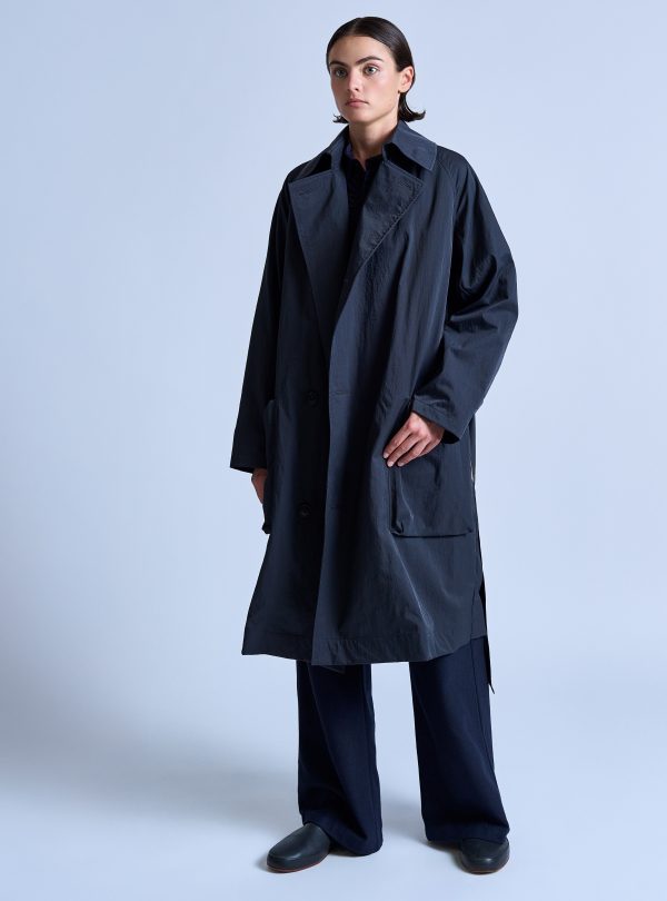 PEAKED LAPEL TRENCH COAT IN CHARCOAL NYLON TWILL - Image 6