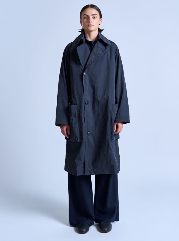 PEAKED LAPEL TRENCH COAT IN CHARCOAL NYLON TWILL - Image 7