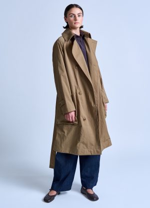 PEAKED LAPEL TRENCH COAT IN DARK KHAKI NYLON TWILL