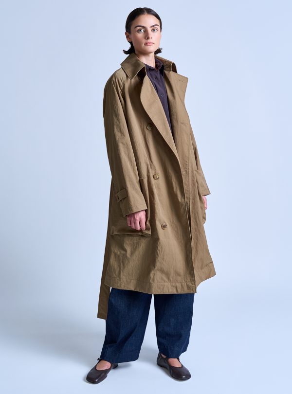PEAKED LAPEL TRENCH COAT IN DARK KHAKI NYLON TWILL