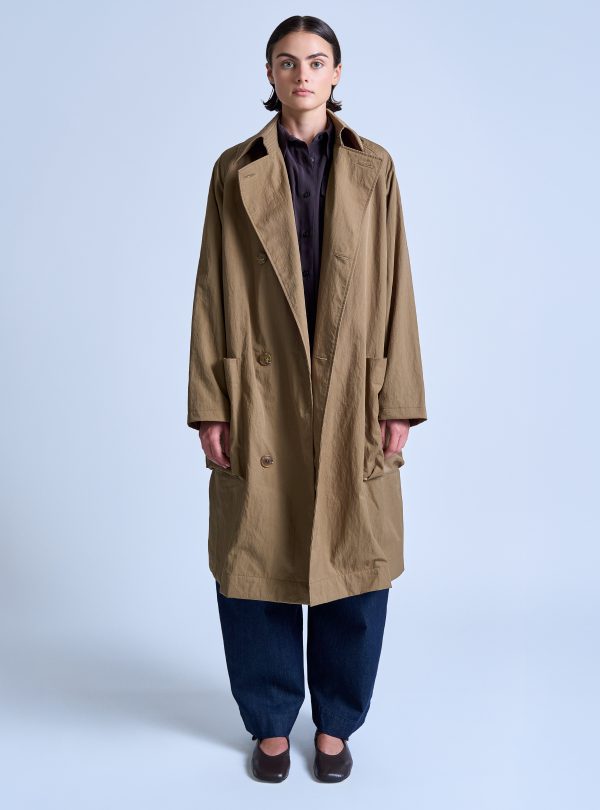 PEAKED LAPEL TRENCH COAT IN DARK KHAKI NYLON TWILL - Image 10