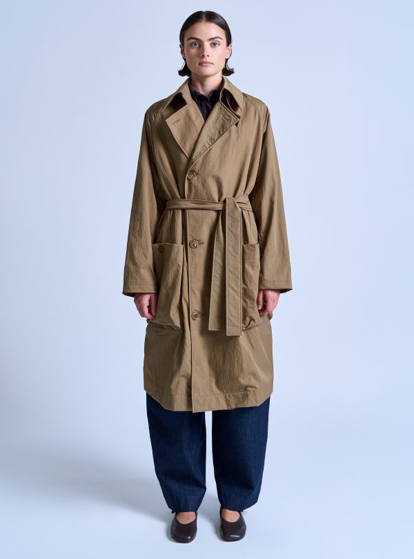 PEAKED LAPEL TRENCH COAT IN DARK KHAKI NYLON TWILL - Image 2
