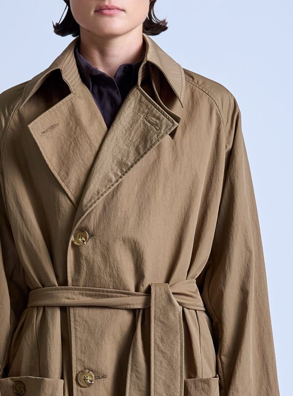 PEAKED LAPEL TRENCH COAT IN DARK KHAKI NYLON TWILL - Image 3