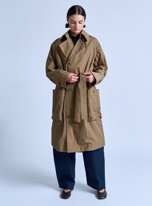 PEAKED LAPEL TRENCH COAT IN DARK KHAKI NYLON TWILL - Image 4