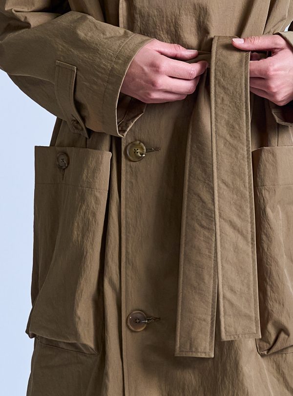 PEAKED LAPEL TRENCH COAT IN DARK KHAKI NYLON TWILL - Image 5