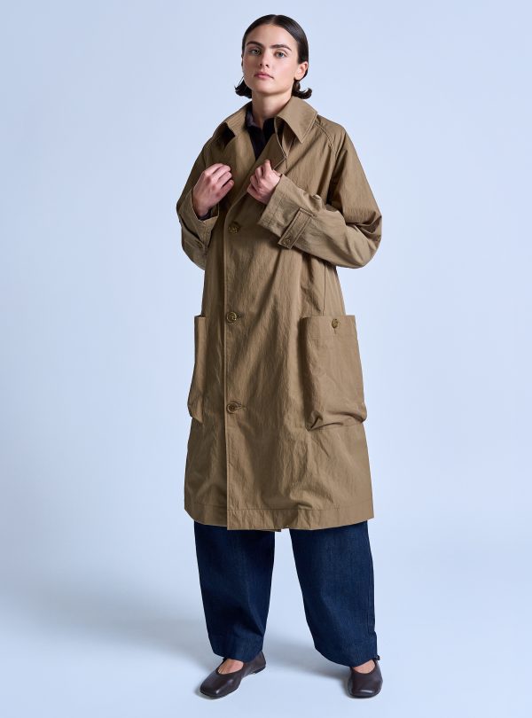 PEAKED LAPEL TRENCH COAT IN DARK KHAKI NYLON TWILL - Image 6