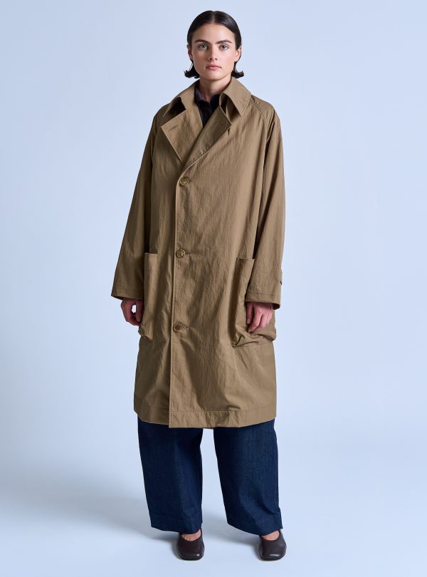 PEAKED LAPEL TRENCH COAT IN DARK KHAKI NYLON TWILL - Image 7